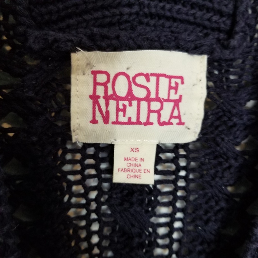 Rosie Neira Anthropologie Cotton Crochet Knit Cardigan Sz XS Navy Sweater Boho - Picture 9 of 11